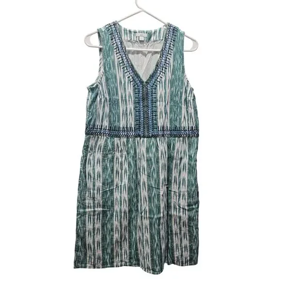 J.Jill Dress Women's Small Sleeveless Woven Embroidered Green Stripe 100% Cotton - Picture 1 of 8
